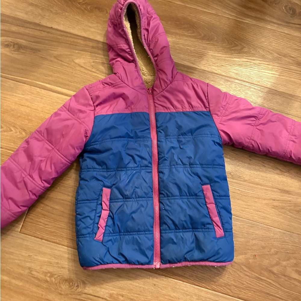 Eddie Bauer Reversible Kids Hooded Colorblock Puffer Jacket in Pink and Blue